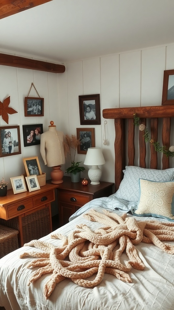 A cozy rustic bedroom featuring wooden furniture, family photos on the walls, and a knitted blanket on the bed.