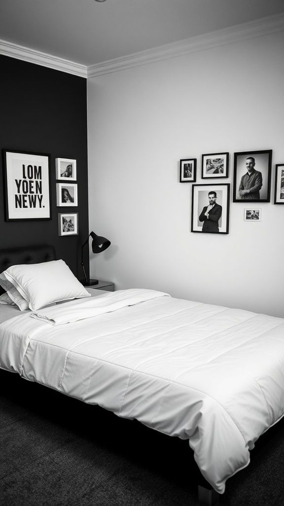 A stylish black and white bedroom with framed photos on the wall and a neatly made bed.
