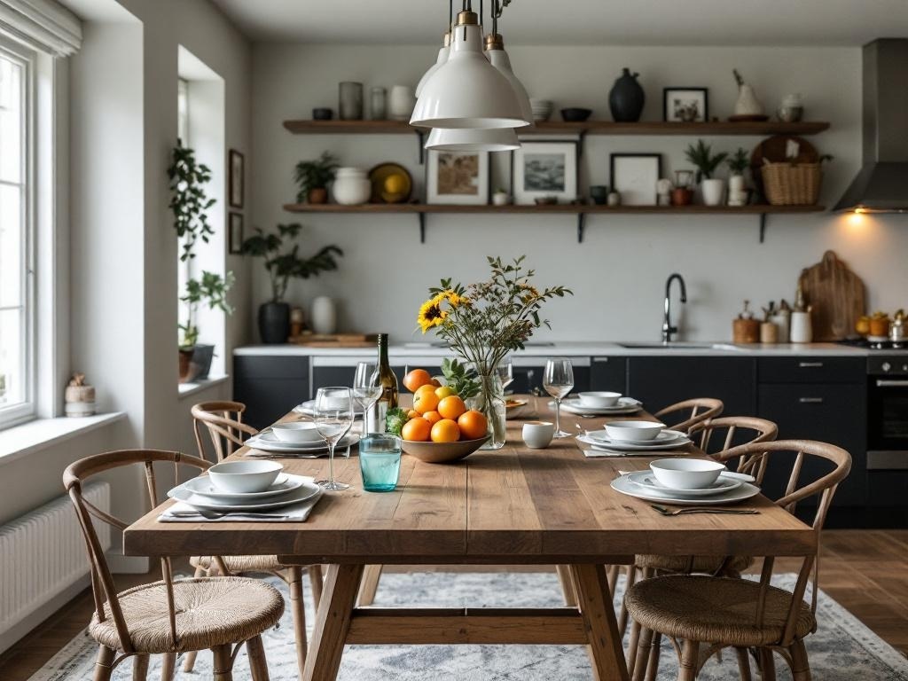 A cozy dining area featuring a wooden table with plates and glasses, surrounded by chairs, with oranges and flowers as centerpieces.