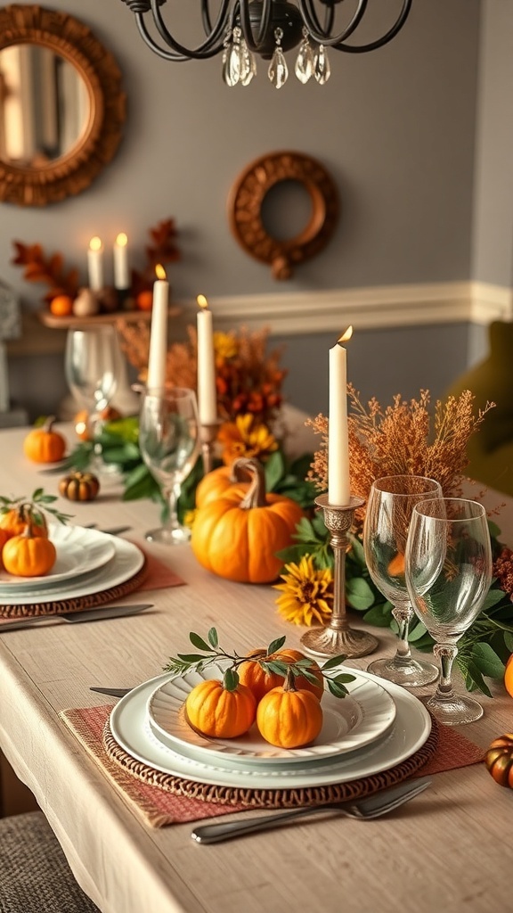 A beautifully set Thanksgiving table with personalized dinnerware featuring the word 'Thanksgiving', surrounded by pumpkins and fall decorations.