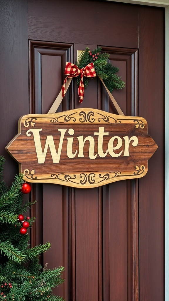 A personalized door hanger with the word 'Family' and winter-themed decorations.