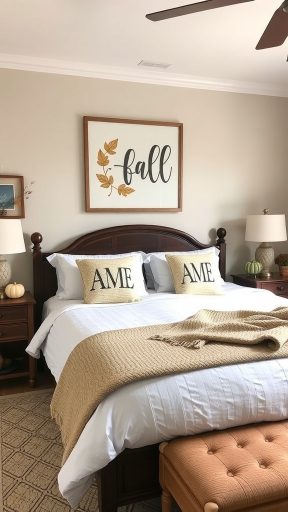 Cozy fall-themed bedroom with wall art, personalized pillows, and decorative pumpkins.