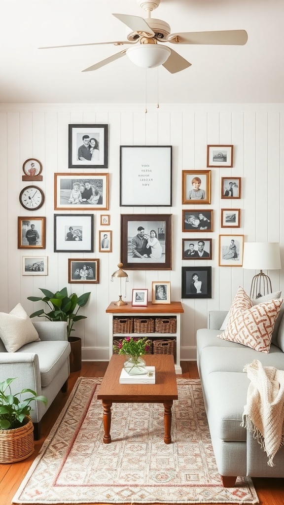 A cozy farmhouse living room with framed family photos on the wall.
