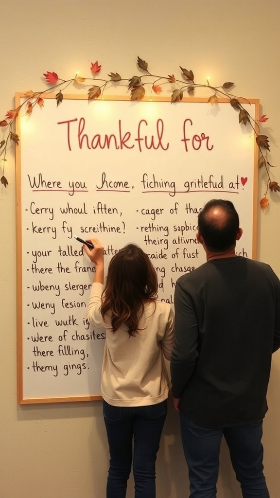 A couple writing on a gratitude board decorated with autumn leaves.
