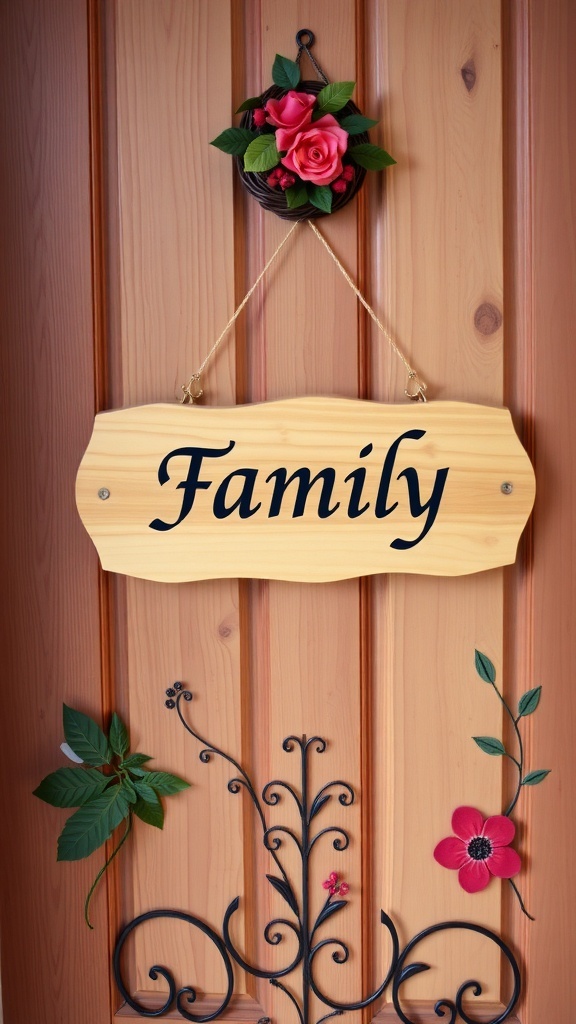 A wooden plaque with the word 'Family' hanging on a door.
