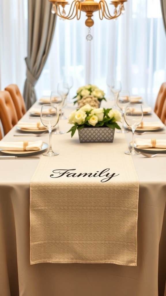 Thanksgiving table with a personalized family name runner
