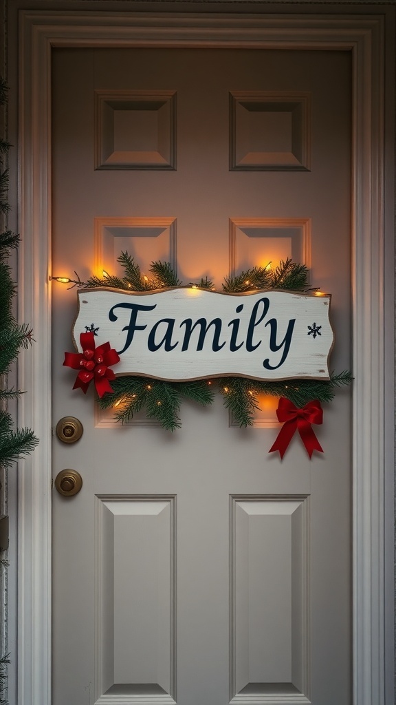 A Christmas door decoration featuring a personalized family name sign with greenery and lights.