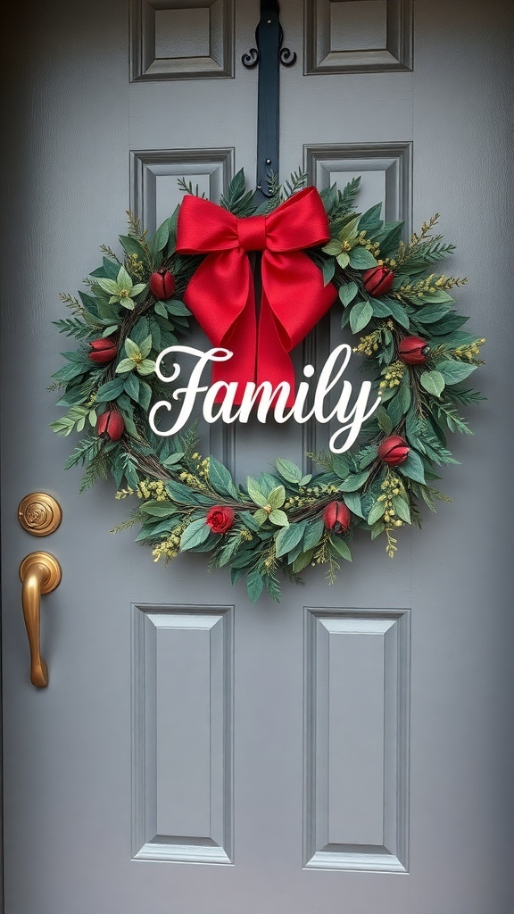 A personalized family name wreath with a red bow and greenery, hanging on a front door.