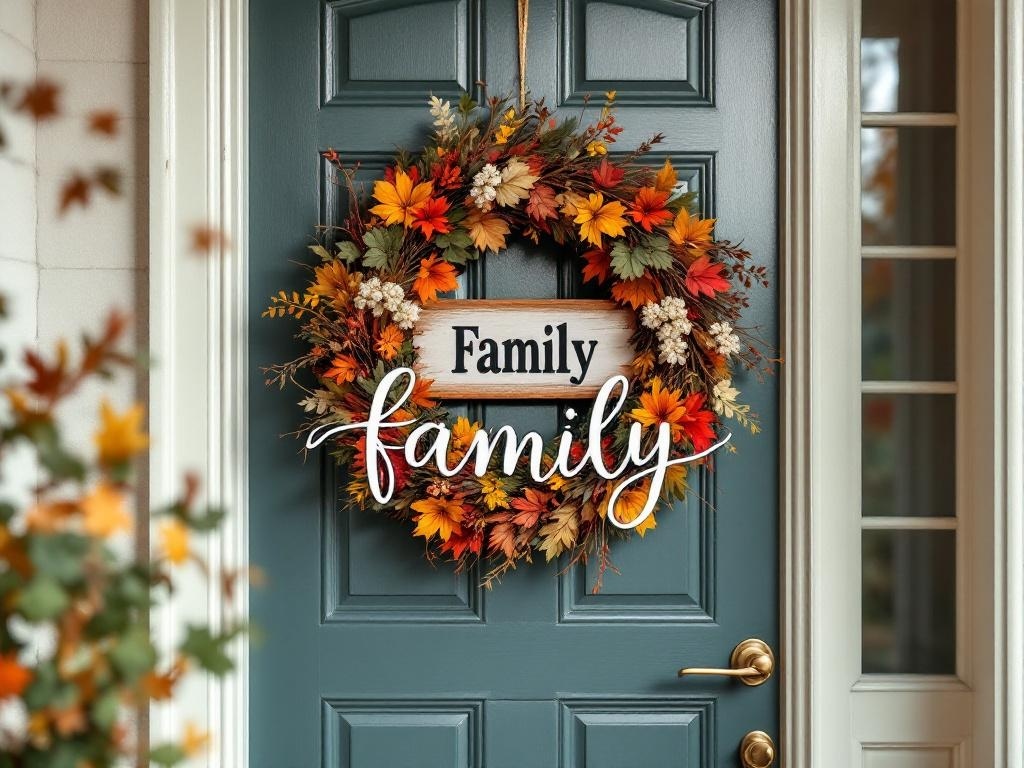 A personalized family name wreath with autumn leaves and flowers, hanging on a front door.
