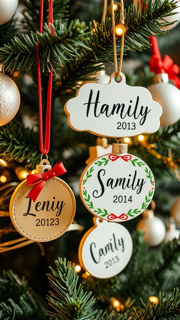 Personalized family ornaments hanging on a Christmas tree