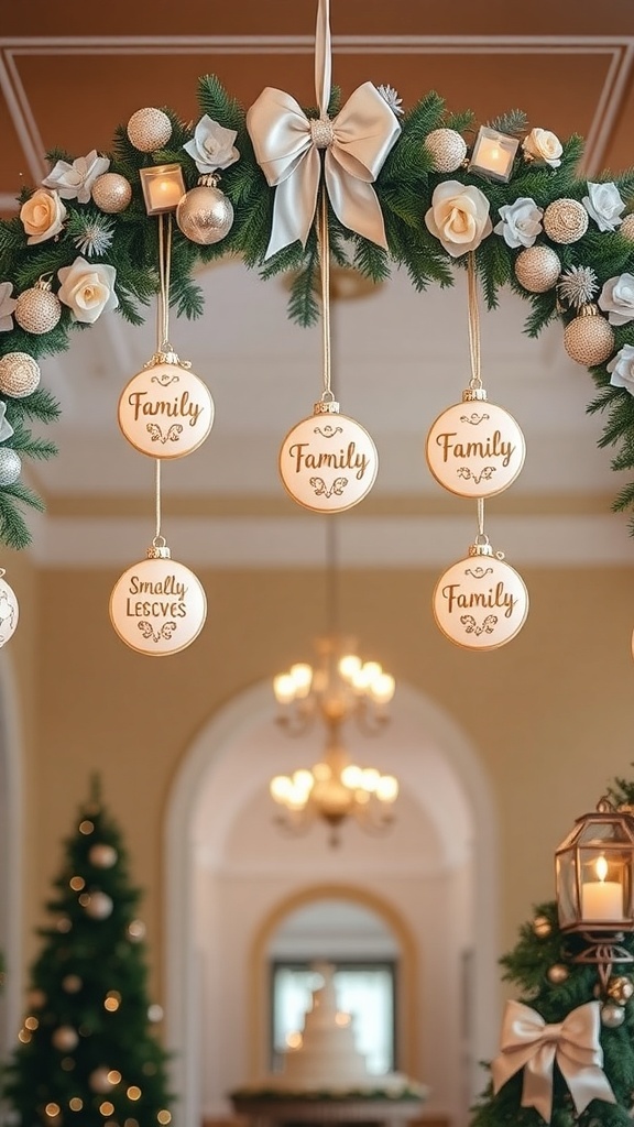 A beautifully decorated Christmas archway with personalized family ornaments.