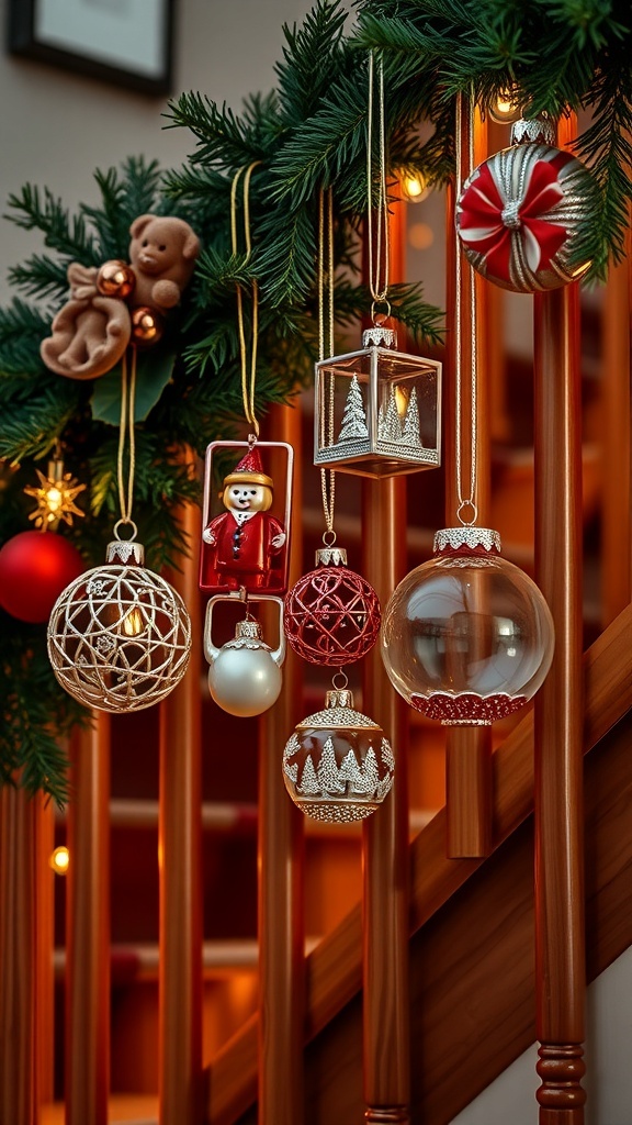 Personalized family ornaments hanging on a Christmas banister