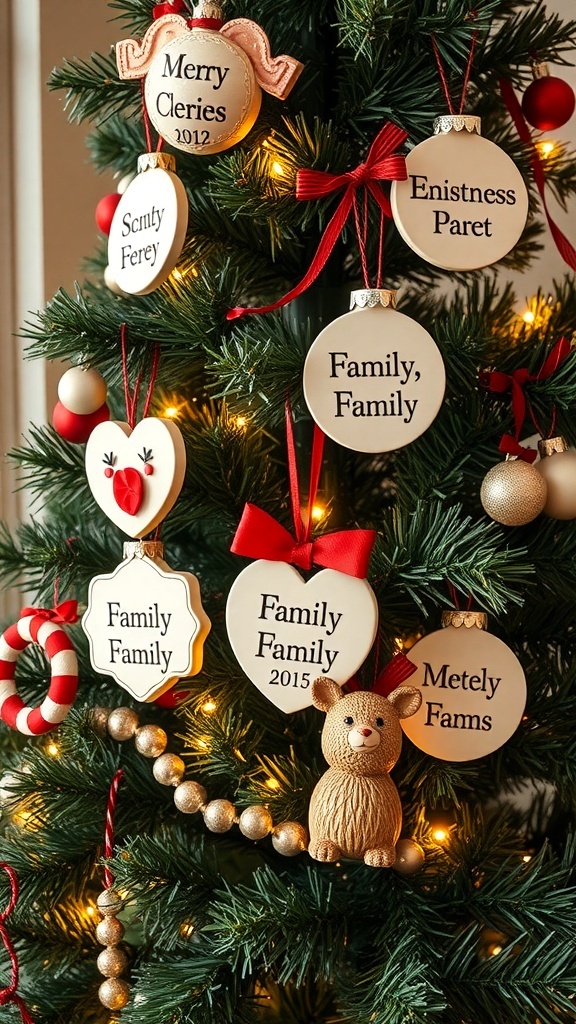 A Christmas tree adorned with personalized family ornaments and festive decorations.