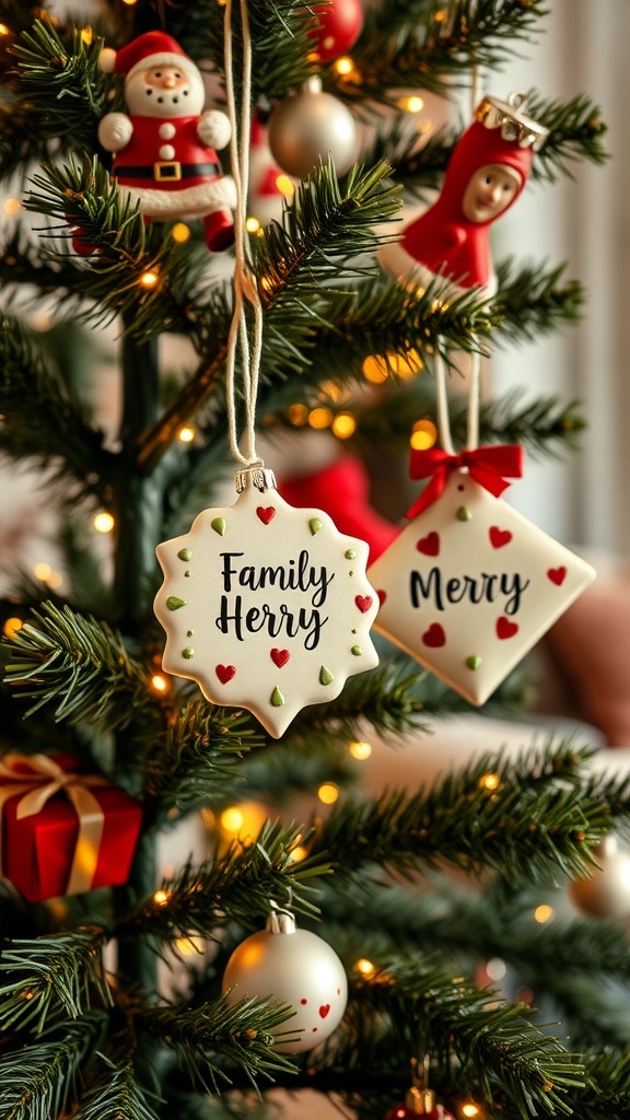 Personalized family ornaments on a Christmas tree