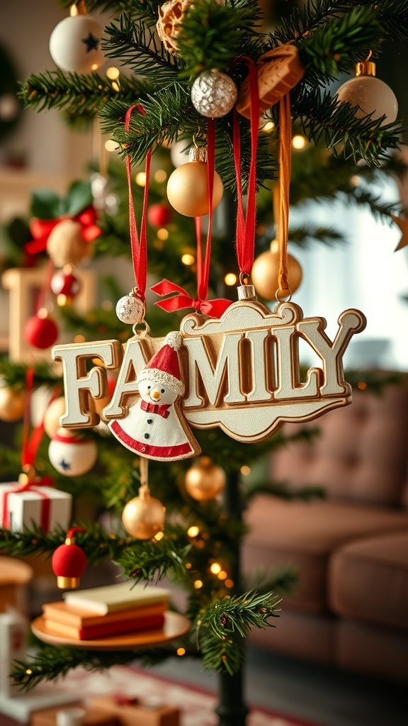 A close-up of a Christmas tree with a personalized ornament that reads 'FAMILY' decorated with a snowman.