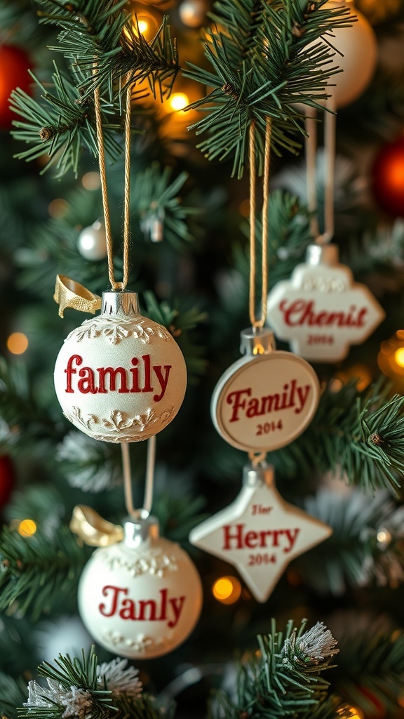 Personalized family ornaments hanging on a Christmas tree.