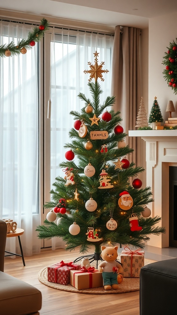 A cozy living room decorated for Christmas with a tree adorned with personalized family ornaments and gifts.