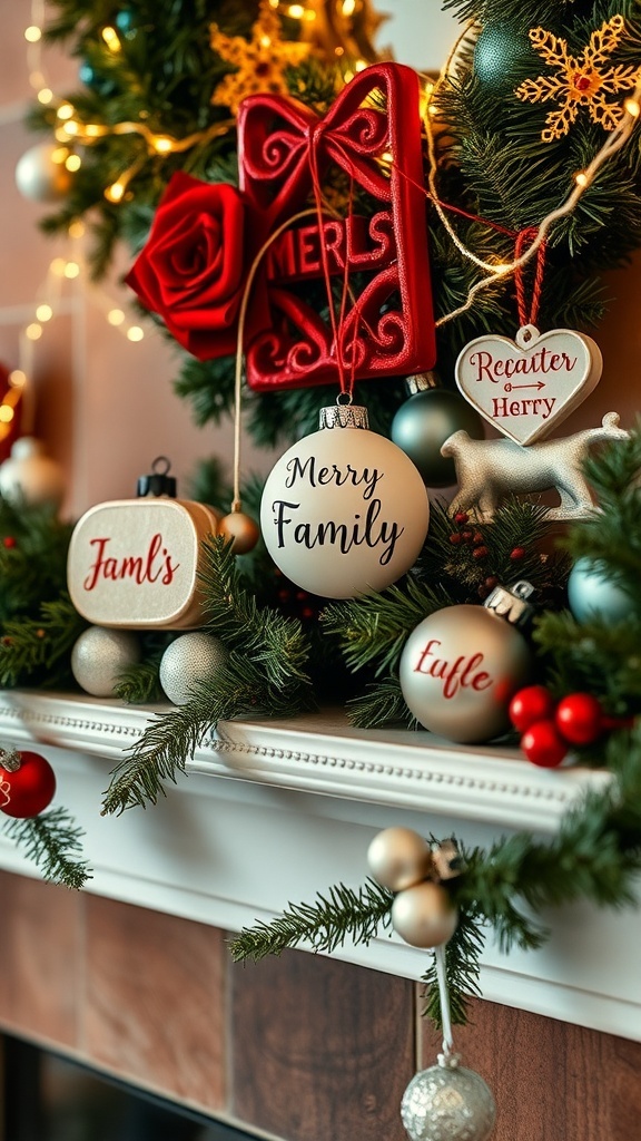 A beautifully decorated fireplace mantle with personalized family ornaments and festive decorations.