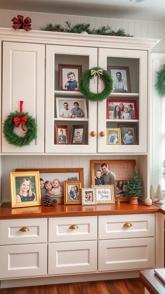 A kitchen cabinet decorated with family photos and Christmas wreaths.