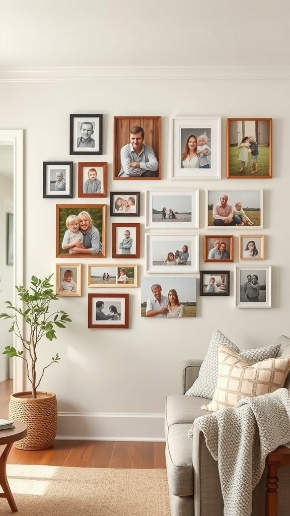 A cozy living room with a wall of framed family photos, showcasing various family moments.