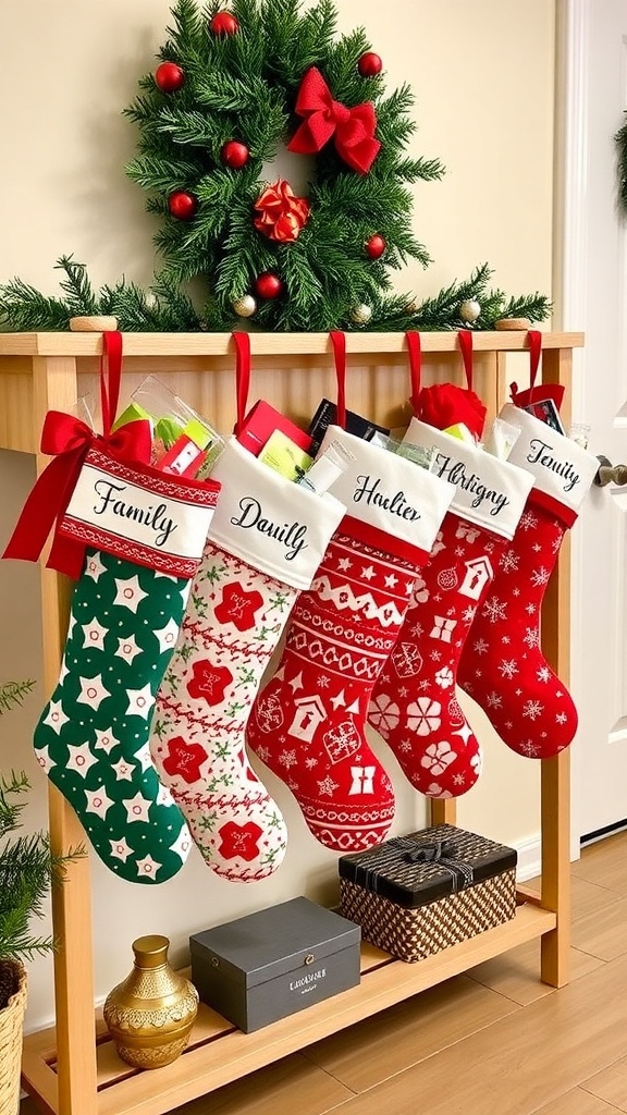 Three personalized Christmas stockings hanging on a wall, decorated with a wreath and red bows.