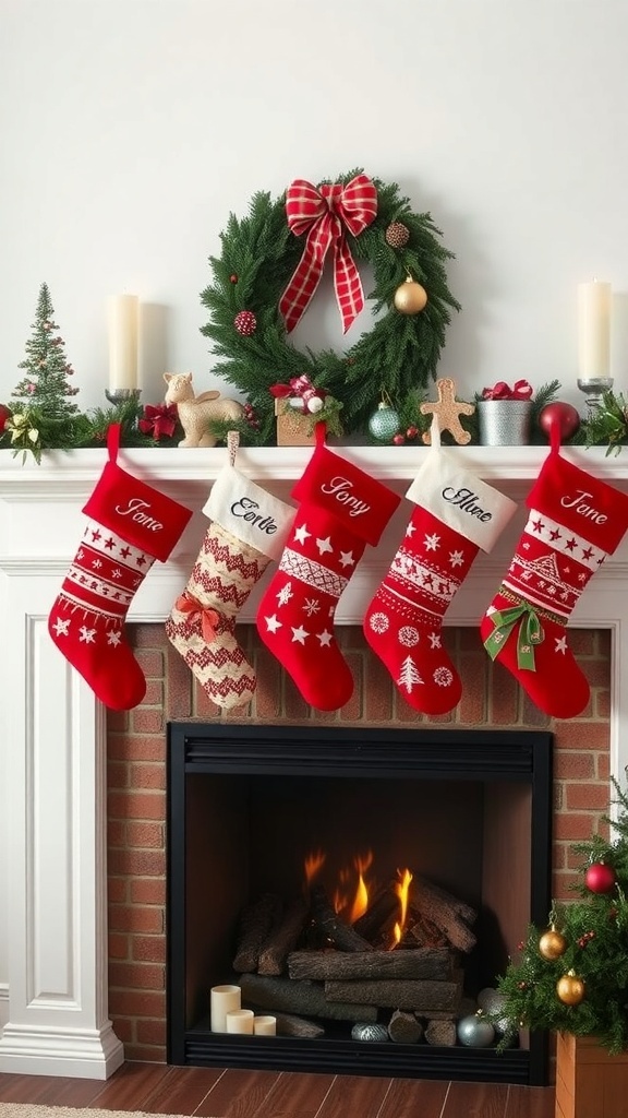 A festive fireplace mantel decorated with personalized family stockings, a wreath, candles, and a small Christmas tree.