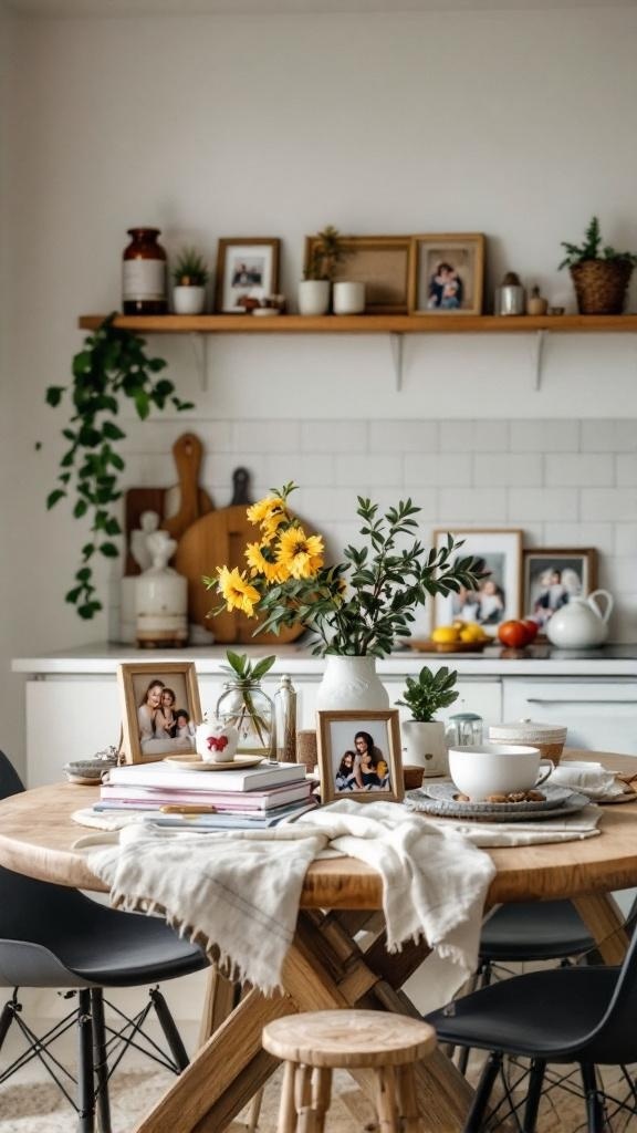 A cozy kitchen table with sunflowers, family photos, and books.