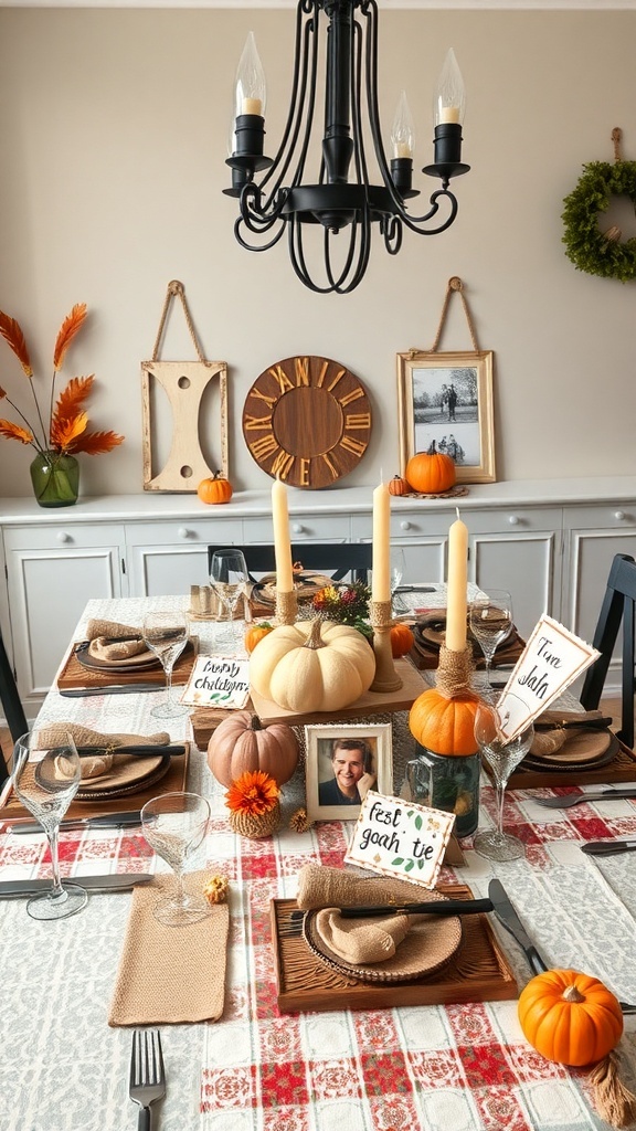 A Thanksgiving table setting featuring pumpkins, candles, and personalized name cards.