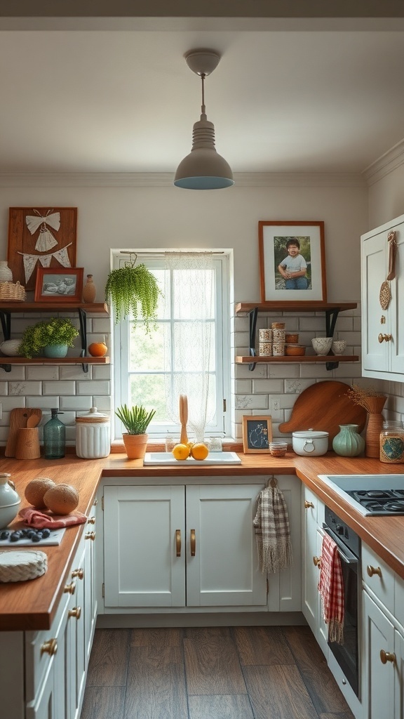 A rustic farmhouse kitchen with wooden countertops, white cabinets, family photos on the wall, and a cozy atmosphere.