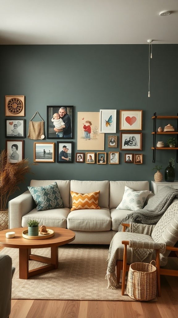 Cozy farmhouse living room with family photos and warm decor.