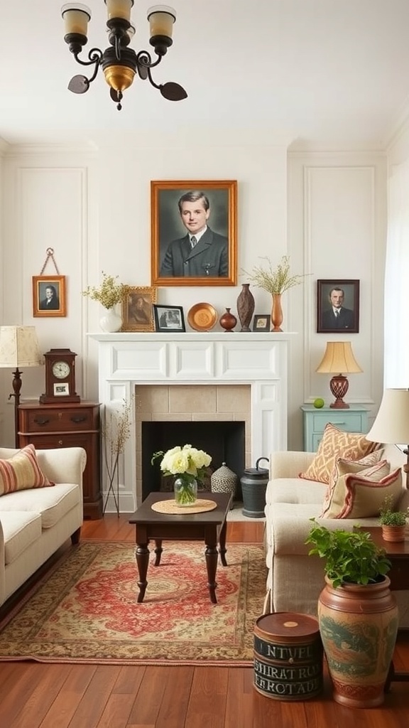 A vintage cottage living room with family portraits and cozy decor.