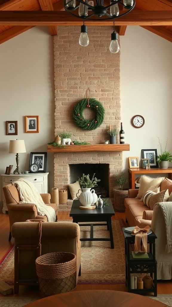 A cozy rustic living room with family photos, a wreath, and comfortable seating.