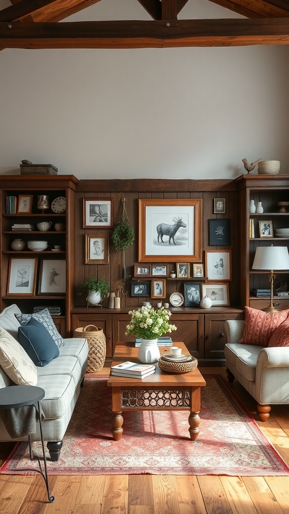 Rustic living room with family photos and decor.