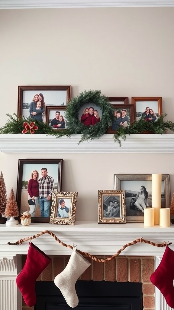 A decorated mantle with family photos, greenery, and festive stockings.