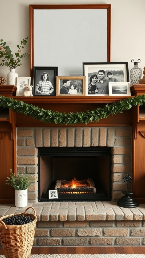 A rustic fireplace mantel decorated with family photos and greenery.