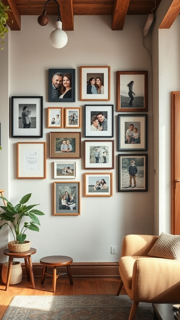 A cozy living room with a gallery wall of family photos in various frames, complemented by a plant and comfortable seating.