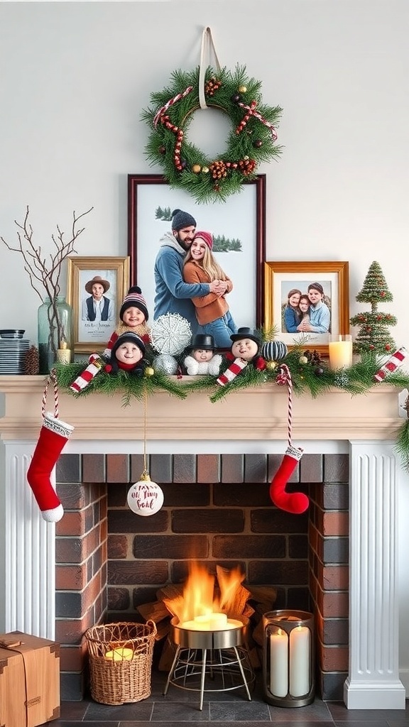 A beautifully decorated winter mantle with family photos, stockings, and festive decor.