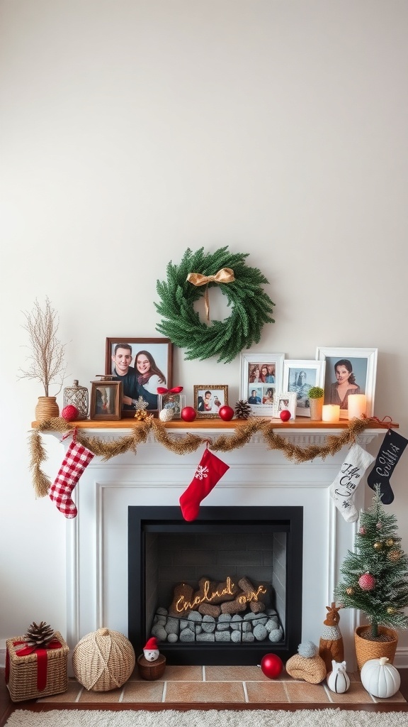A beautifully decorated mantel with family photos, a wreath, and festive decorations.