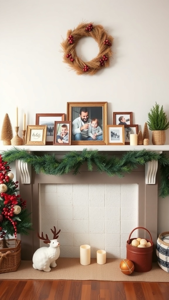 A cozy mantle decorated with family photos, a wreath, and seasonal decor.