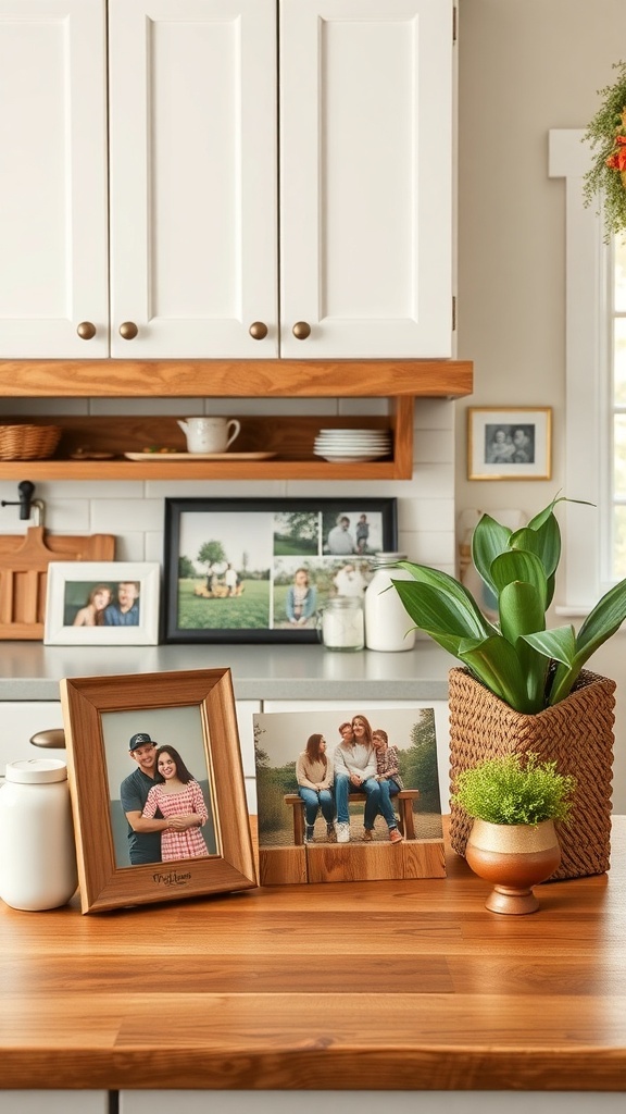 Farmhouse kitchen counter with family photos and plants