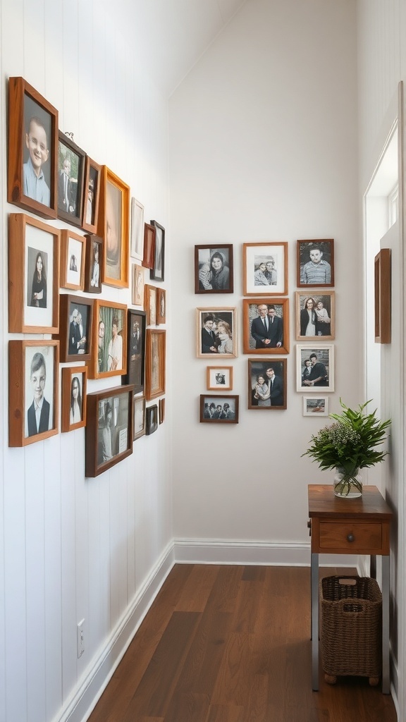 A hallway with a gallery wall of family photos and a small table with a plant.