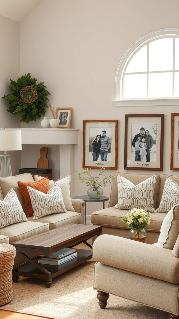 Cozy living room with farmhouse decor, featuring family photos and a wreath.