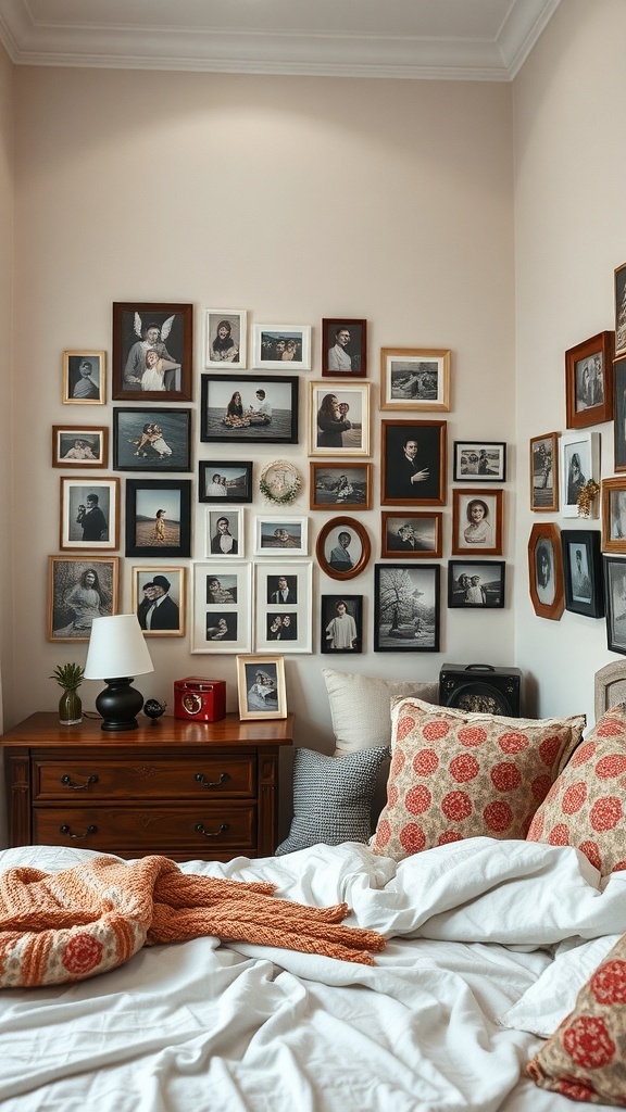 A cozy bedroom nook featuring a gallery wall with framed photos, a bedside table, and decorative pillows.