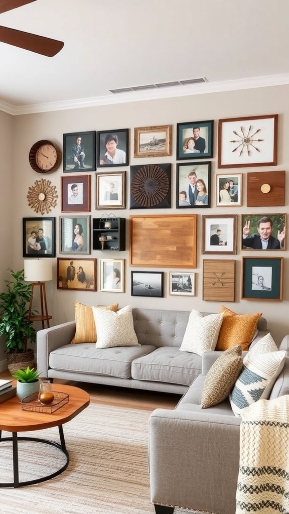 A cozy living room featuring a personalized gallery wall with various framed photos and wooden accents.