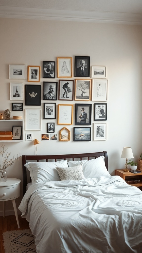 A cozy bedroom featuring a personalized gallery wall with various framed photos and artwork above a neatly made bed.
