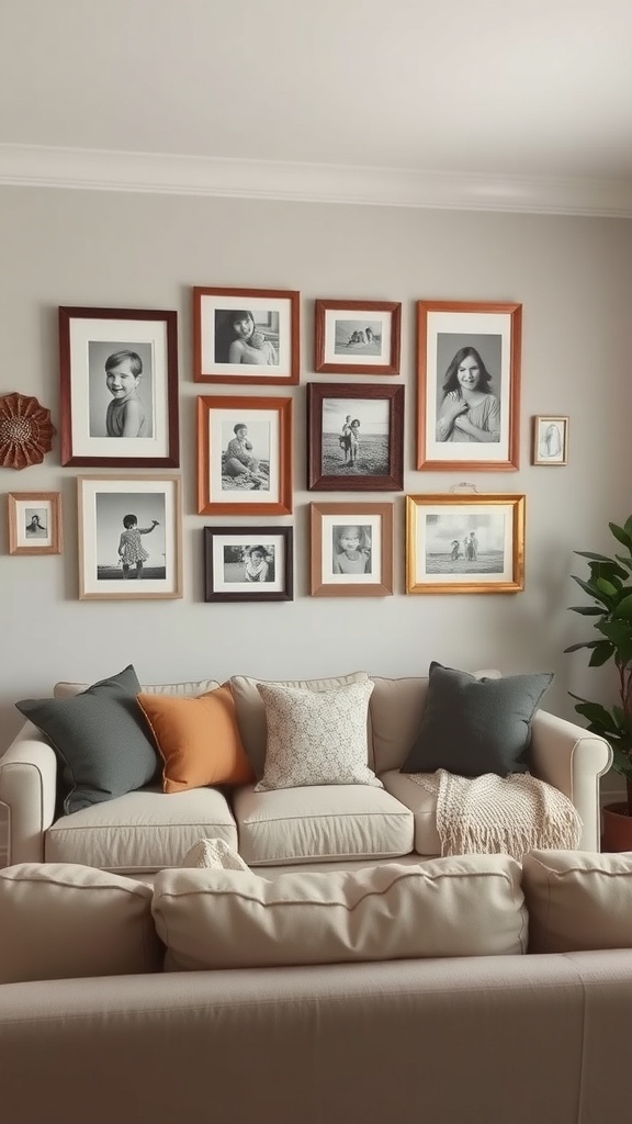 A cozy living room with a gallery wall of framed black and white photos above a beige couch with colorful pillows.