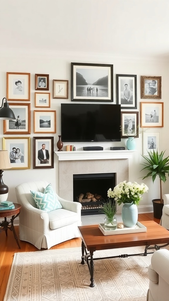 A cozy living room with a personalized gallery wall featuring various framed photos and art.