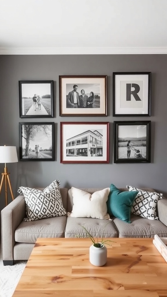 A cozy gallery wall featuring a mix of family photos and art in various frames.