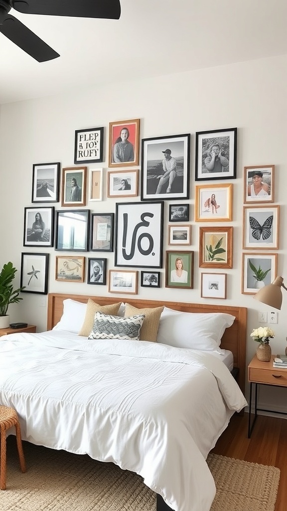 A modern farmhouse bedroom featuring a personalized gallery wall with various framed pictures and art.