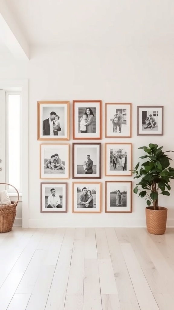 A modern farmhouse interior featuring a personalized gallery wall with framed black and white photos and a potted plant.